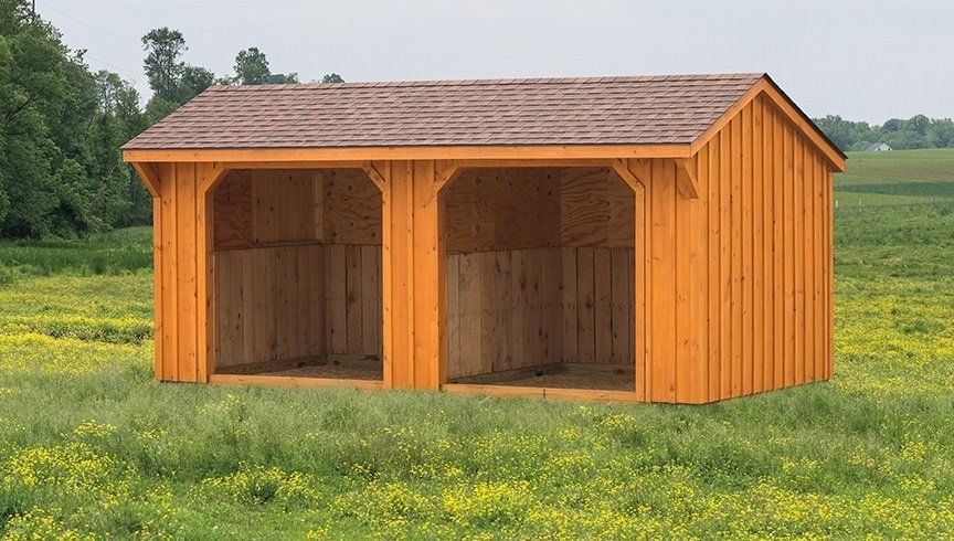 Run-In Shed animal shelter with 2 open stalls, natural wood siding, and brown asphalt roofing