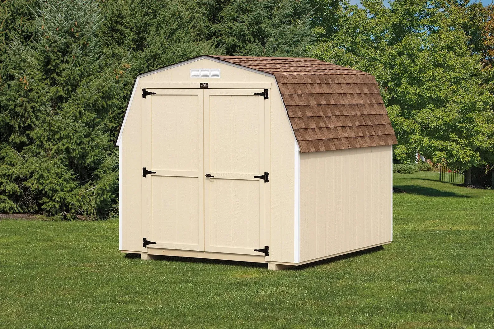 newport shed with tan siding and brown roof