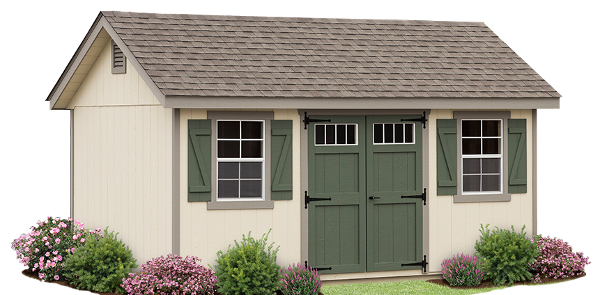 beige shed with gray trim, windows with green shutters, green double doors, and a brown asphalt roof.