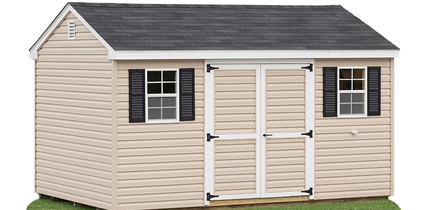 Tan shed with white trim, 2 windows with black shutters, and a dark gray roof