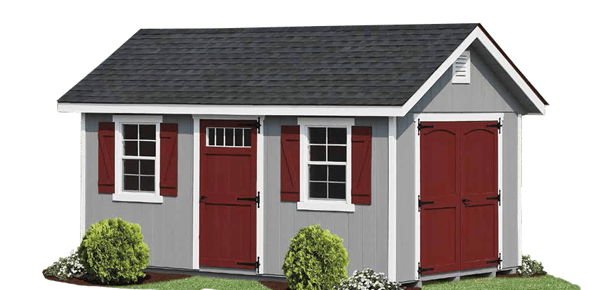 Light gray shed with white trim, red double doors, a red single door, 2 windows with red shutters, and a black roof
