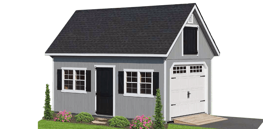 Light gray garage with a white garage door, black single door, windows with black shutters, and a black roof