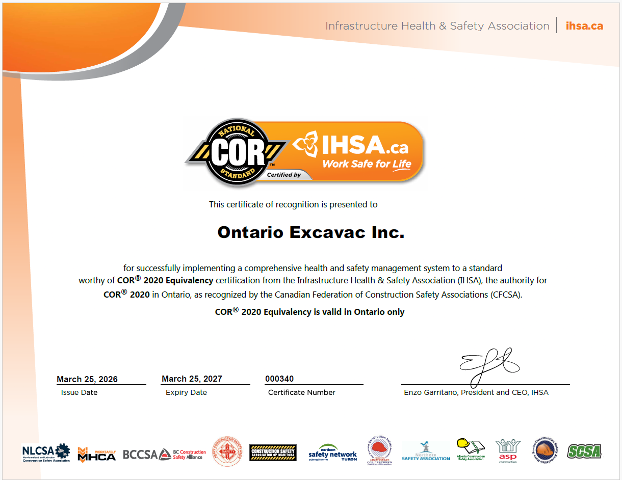 COR certification for Ontario Excavac Inc. IHSA.ca. Expires March 23, 2024.