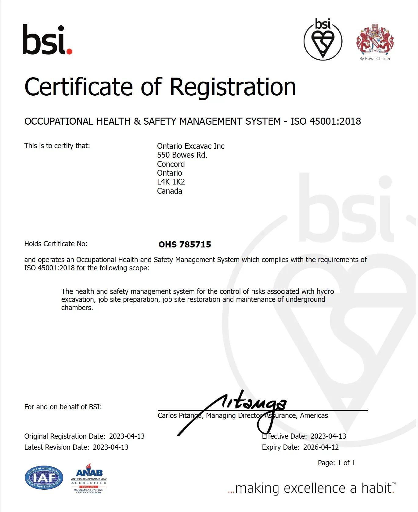 Certificate of Registration from bsi. ISO 45001:2018. Includes company name, address, certificate number, and signature.