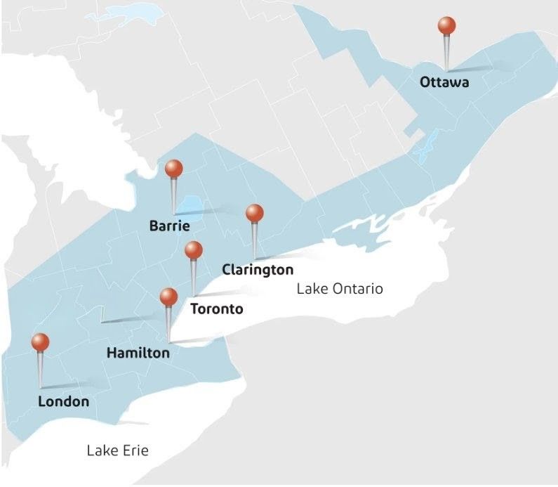 Map of OE's coverage in southern Ontario