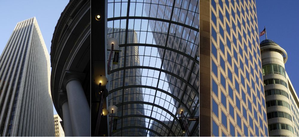 A collage of three pictures of tall buildings with a blue sky in the background
