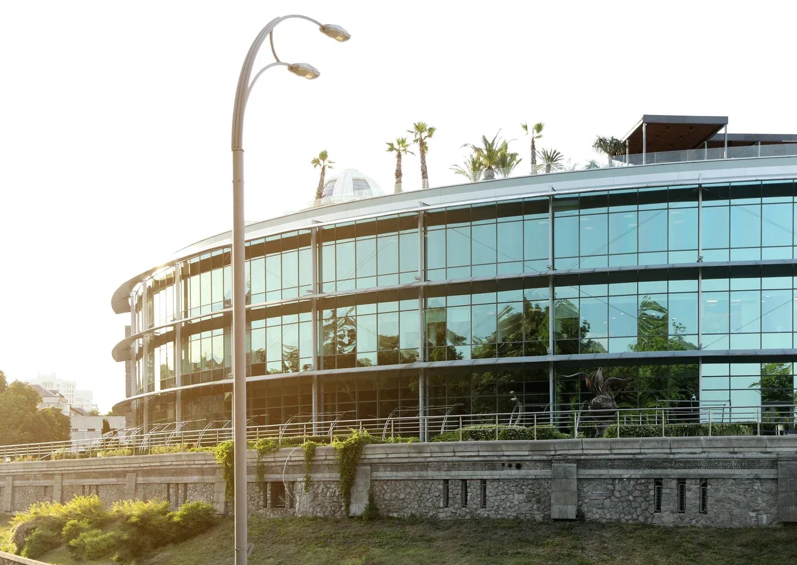 Modern curved building with glass windows, topped with greenery, near a stone wall and lamppost.