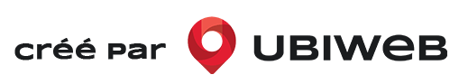 Un logo pour ubiweb avec une épingle rouge sur fond blanc.