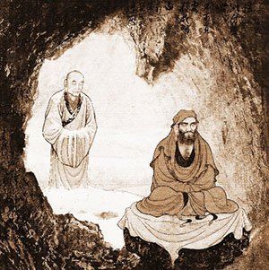 Bodhidharma meditating for nine years facing cave wall