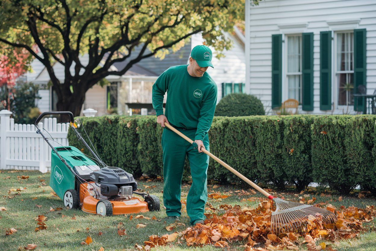 A man is raking leaves in front of a house with a lawn mower.