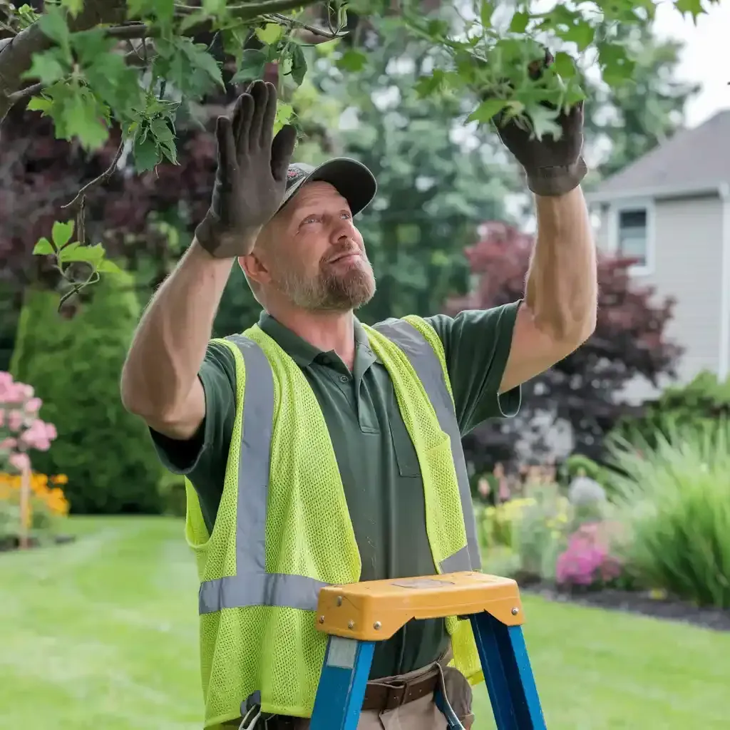 A man is standing on a ladder looking up at a tree branch.