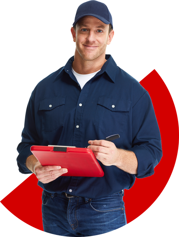 Mechanic holding clipboard, smiling. Wearing blue shirt, jeans, and cap. Red accent in background.