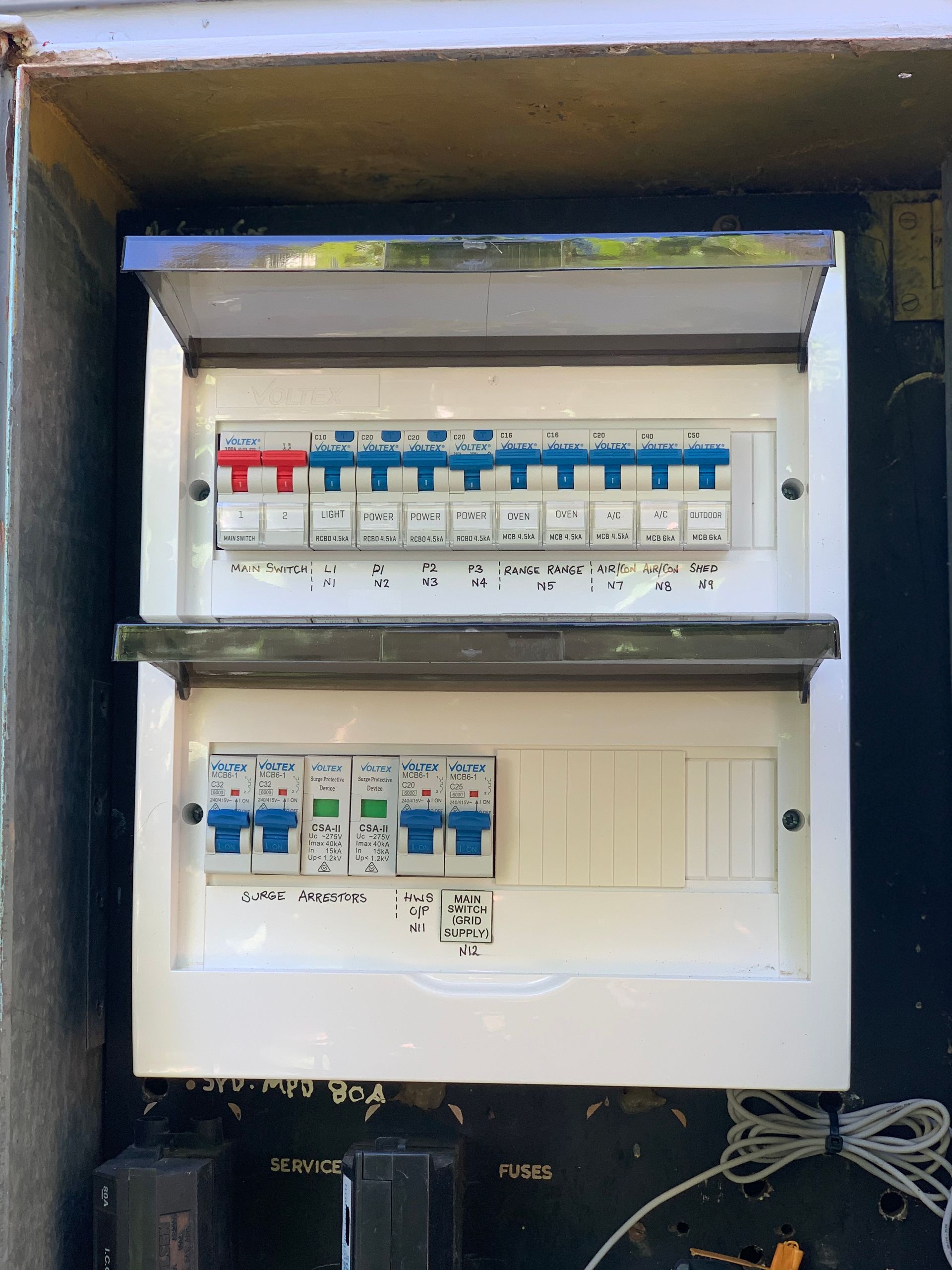 Electrical Panel With Rows of Circuit Breakers, Some Red, Some Blue — DG Electrical & Fire In Kiama, NSW