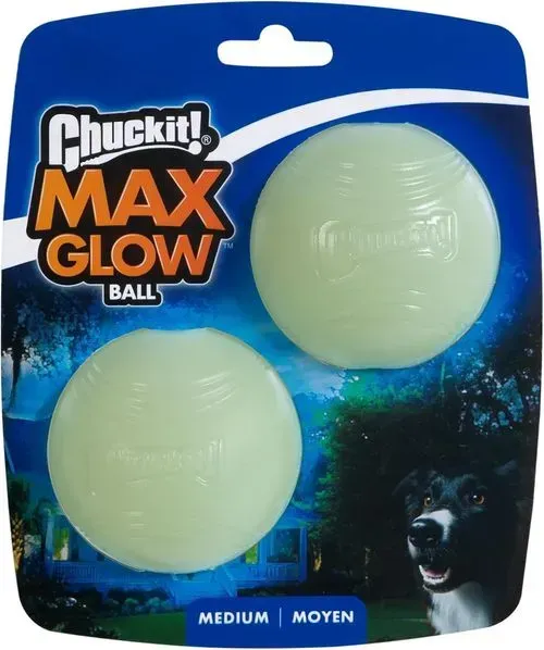 A package of chuckit max glow ball for dogs