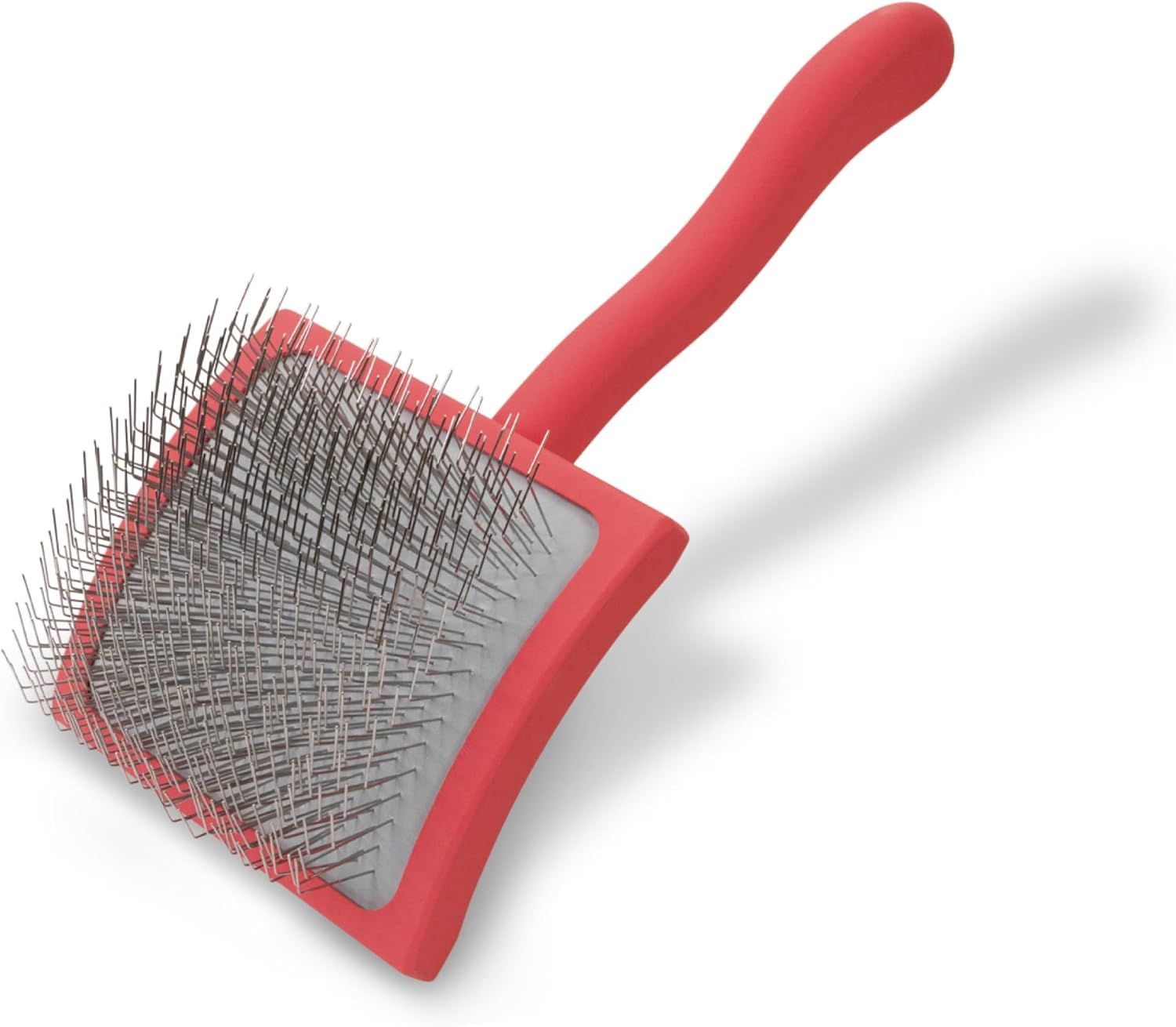 A red brush with a long handle on a white background