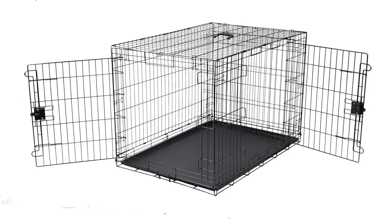 A metal dog cage with its doors open and a black tray.