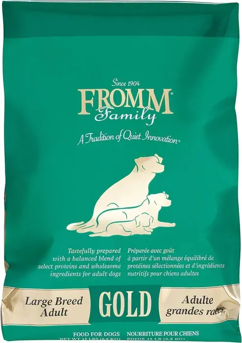 A bag of fromm family gold large breed adult dog food