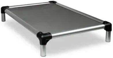 A metal dog bed with a black canvas cover and black legs on a white background.