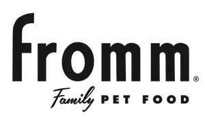 The logo for fromm family pet food is black and white.