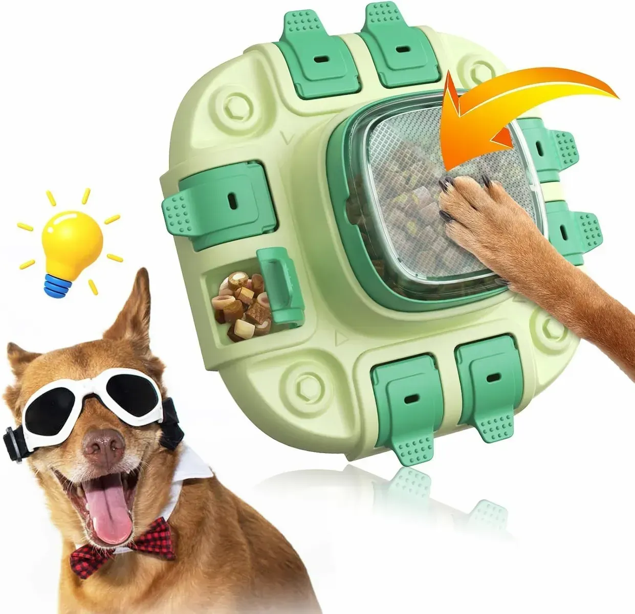 A dog wearing sunglasses and a bow tie is playing with a toy