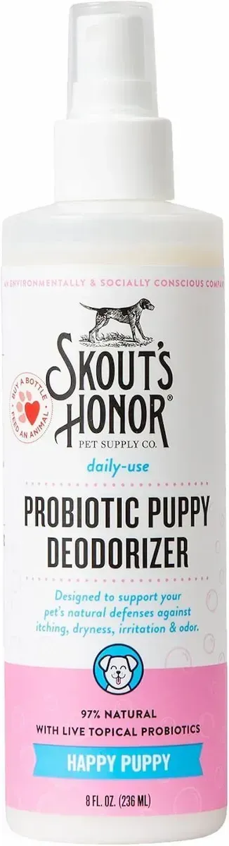 A bottle of probiotic puppy deodorizer is on a white background.
