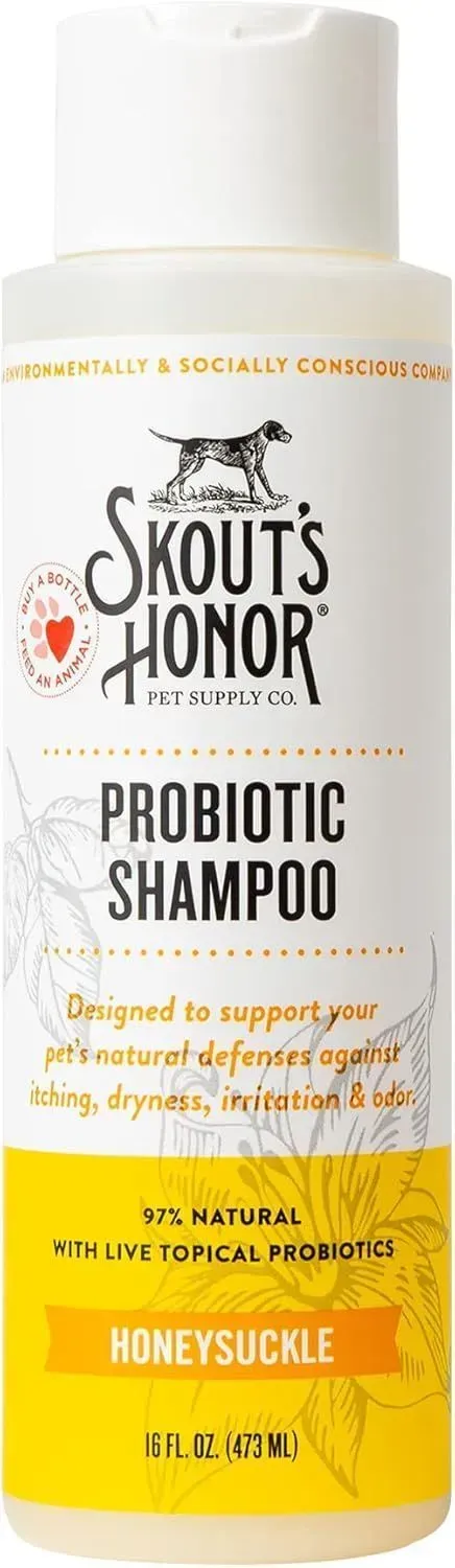 A bottle of scout 's honor probiotic shampoo for dogs.