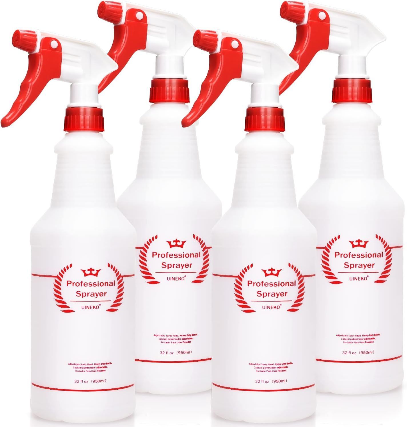 Four spray bottles with red handles that say professional sprayer