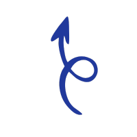 A blue arrow pointing up with a swirl around it on a white background.