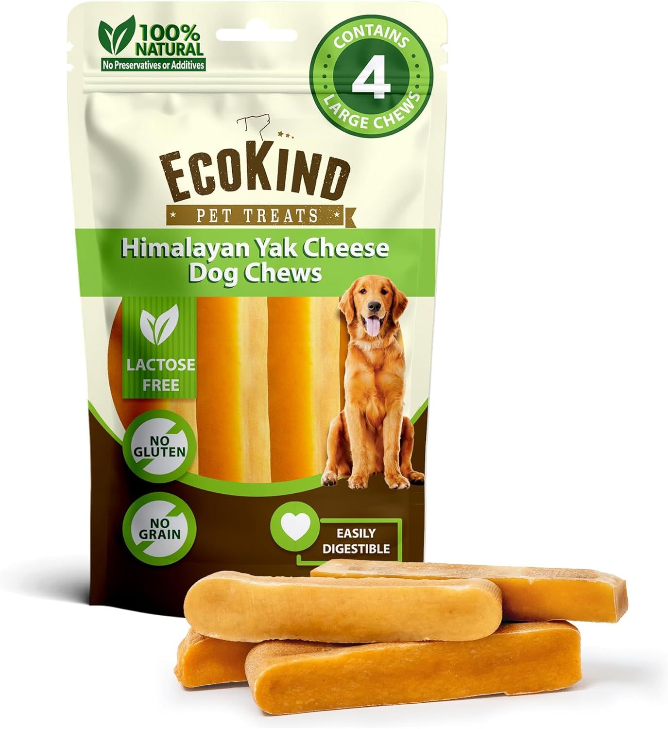 A bag of ecokind himalayan yak cheese dog chews next to a stack of chews.