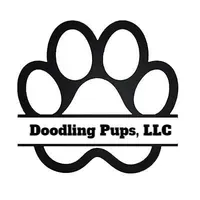 The logo for doodling pups , llc is a paw print with a mustache.