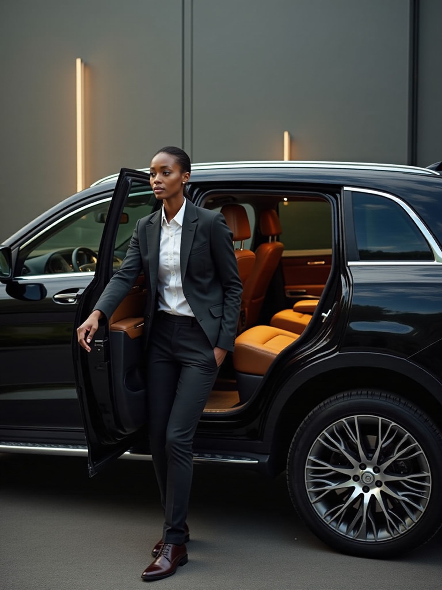 Woman in a suit exits a black SUV with tan interior.