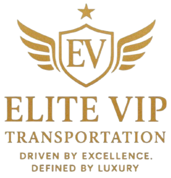 Golden logo for Elite VIP Transportation with a shield, wings, and text.