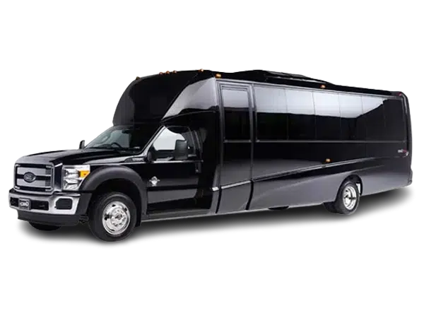 Black party bus on a white background, side view, door open.