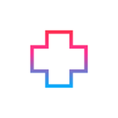 A red , blue and purple cross on a white background.