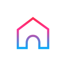 A pink and blue icon of a house on a white background.