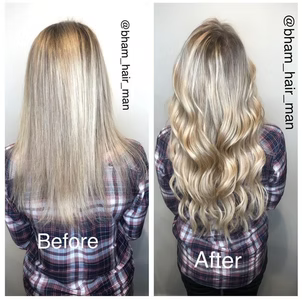 Before-and-after of blonde hair. Before: straight. After: wavy, longer, and brighter.