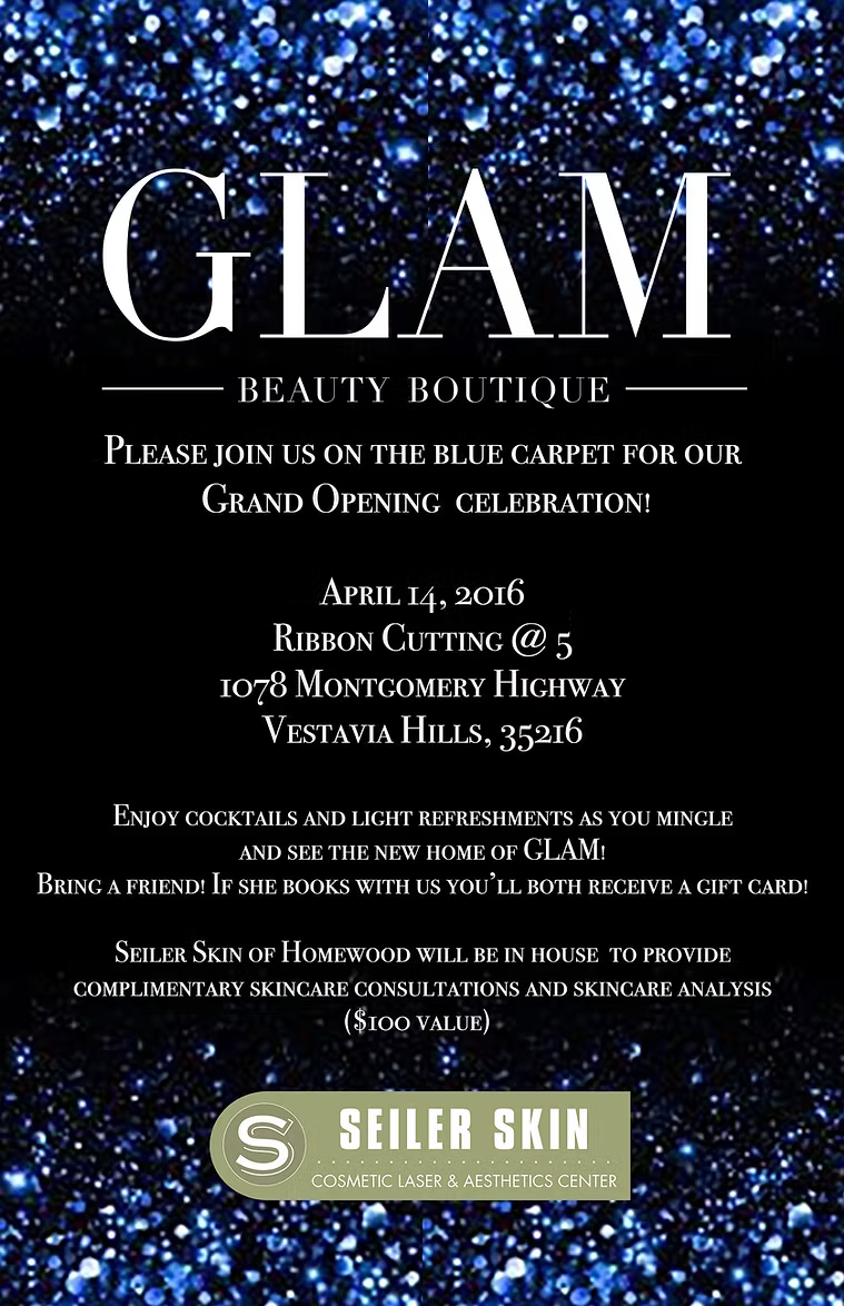 Glam Beauty Boutique grand opening announcement on blue background. Ribbon cutting June 11th at 5pm. Includes address.