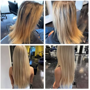 Before-and-after blonde hair transformation: from brassy, layered cut to long, sleek, platinum blonde.