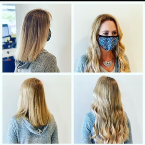 Four-panel collage: Woman with blonde hair before and after styling with waves, wearing a gray shirt and patterned face mask.