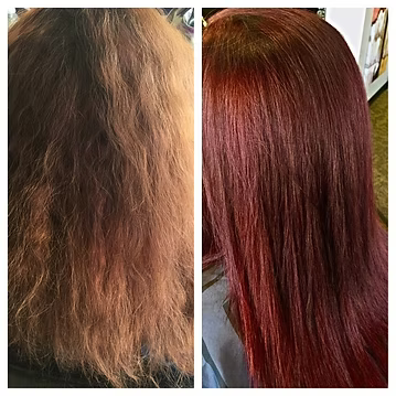 Before and after: Frizzy brown hair transformed to smooth, vibrant red hair.