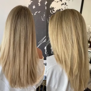 Two views of long, blonde, straight hair with a slight angle, worn by a person in a white top.