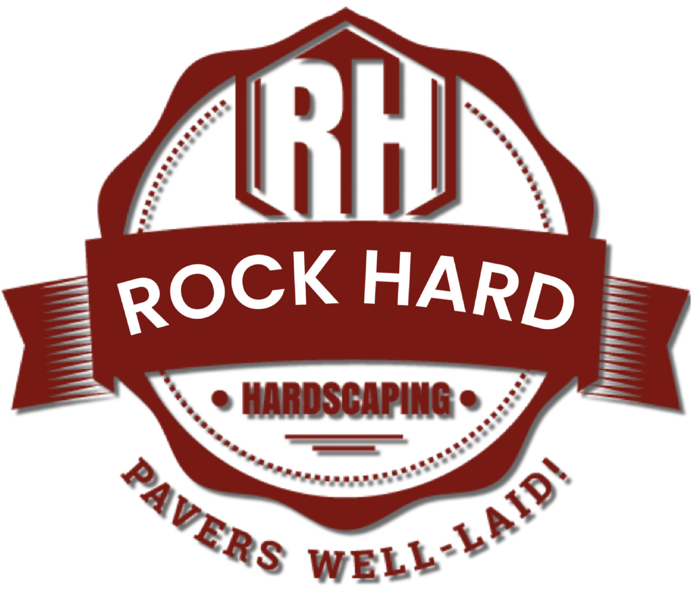 Logo for Rock Hard Hardscaping: dark red emblem with text 