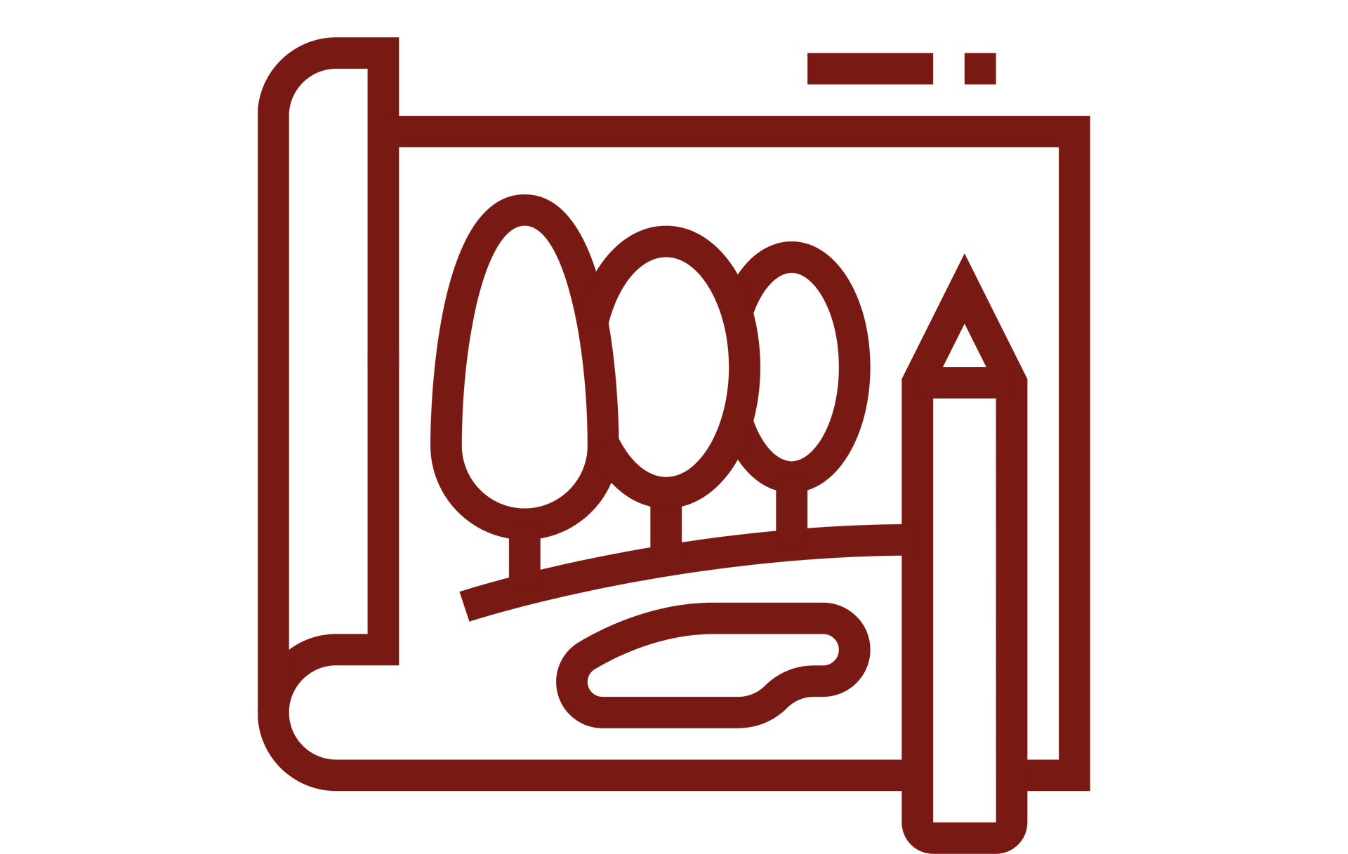 Landscape design sketch with trees, pond, and pencil.