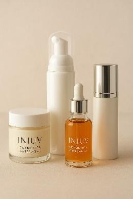 Cuatro productos para el cuidado de la piel: frasco, bomba de espuma, frasco con gotero y frasco con bomba