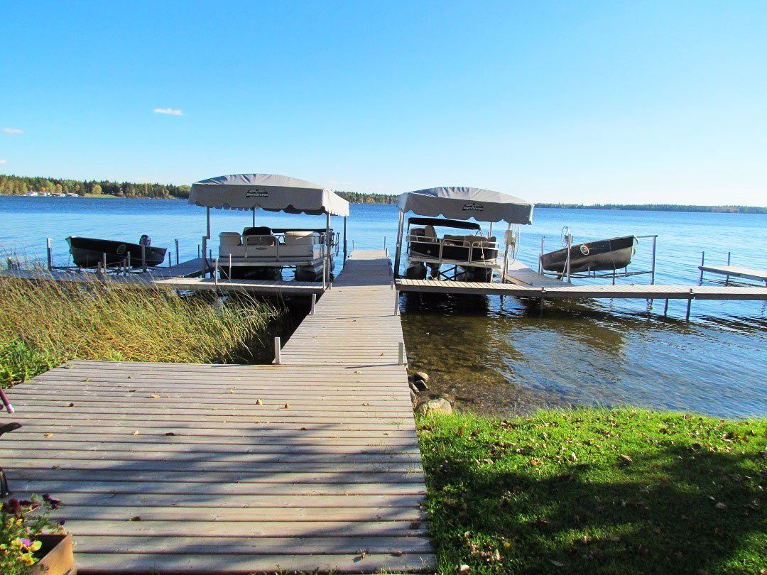 Docked pontoon boats
