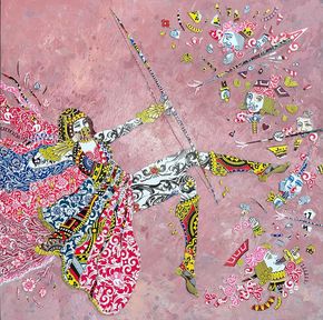 A colorful painting of a man swinging on a swing