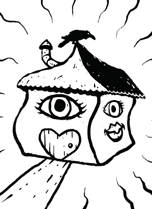 A black and white drawing of a house with two faces on it.