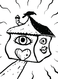 A black and white drawing of a house with two faces on it.