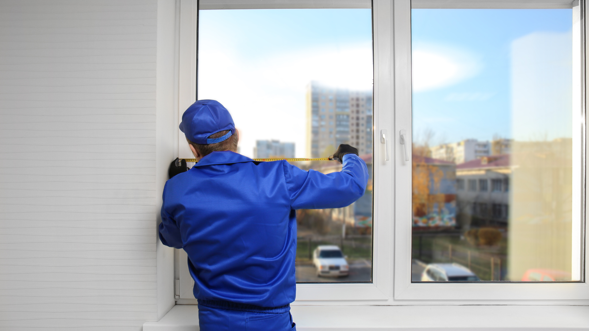 A man in a blue jacket is installing a window.