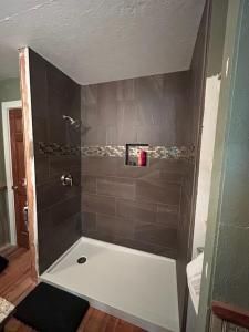 A bathroom with a walk in shower and a picture on the wall.